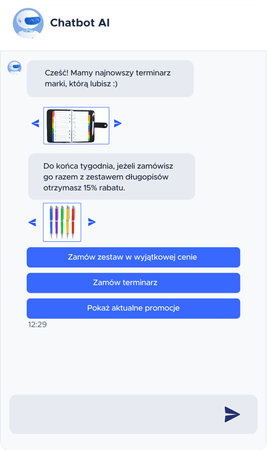 Chatbot na podstawie wcześniejszych zakupów proponuje sprzedaż wiązaną