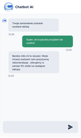 Chatbot informuje klienta kiedy przyjdzie paczka i oferuje zniżkę w zamian za opinię